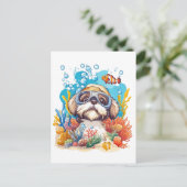 Shih Tzu Dog Snorkeling Coral Reef ポストカード (スタンド正面)