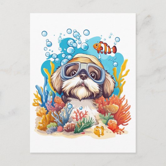 Shih Tzu Dog Snorkeling Coral Reef ポストカード (正面)