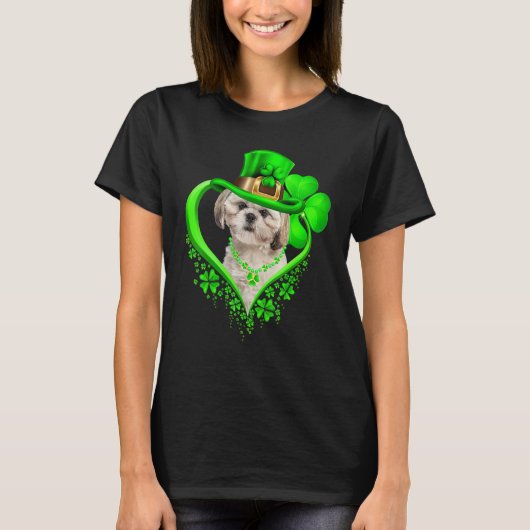 Shih Tzu Dog St Patricks Day Lover Irish Shamrock Tシャツ (正面)