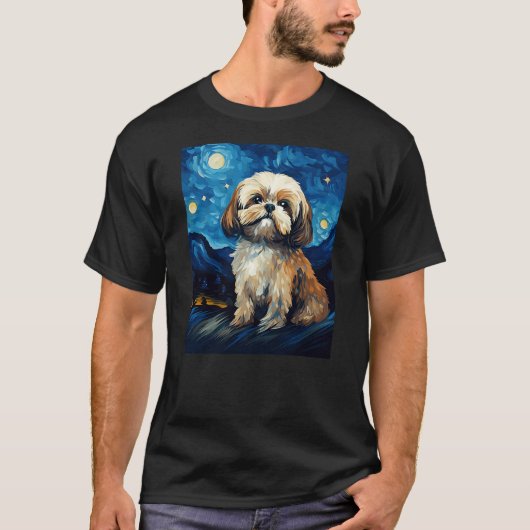 Shih Tzu Dog Starry Night Van Gogh Art Lover Tシャツ (正面)