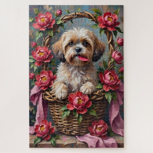 Shih Tzu Dog Valentine's Day Peony Flower Basket ジグソーパズル (縦)