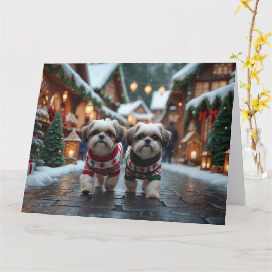Shih Tzu Dogs Christmas Snow Holiday カード (黄色い花)