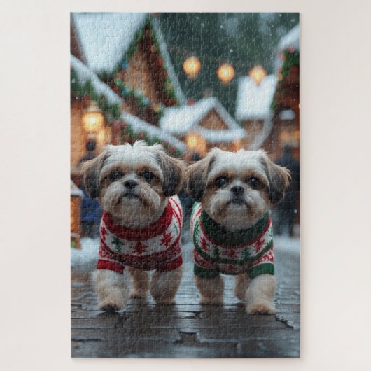 Shih Tzu Dogs Christmas Snow Holiday ジグソーパズル (縦)