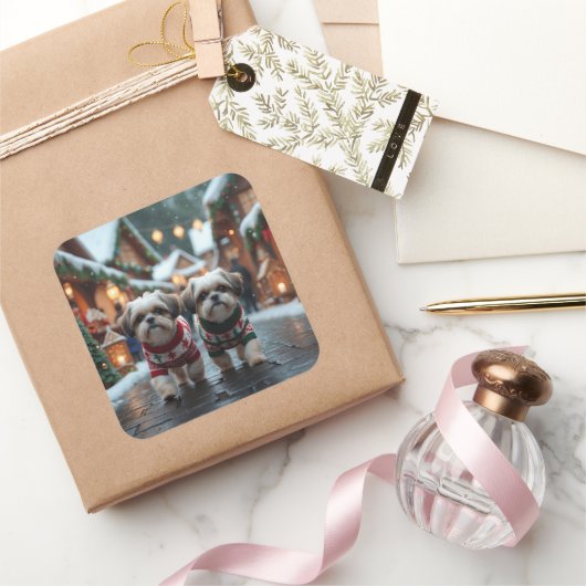 Shih Tzu Dogs Christmas Snow Holiday スクエアシール (ギフト)