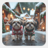 Shih Tzu Dogs Christmas Snow Holiday スクエアシール (正面)