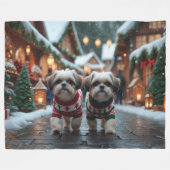 Shih Tzu Dogs Christmas Snow Holiday フリースブランケット (正面(横))