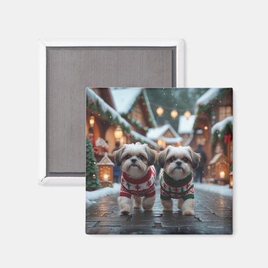 Shih Tzu Dogs Christmas Snow Holiday マグネット (正面/裏面)
