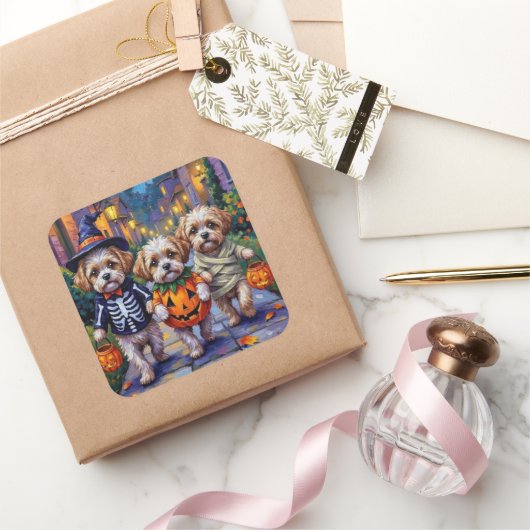 Shih Tzu Dogs Trick-or-Treating Halloween Costumes スクエアシール (ギフト)