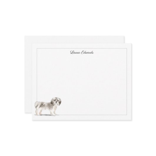 Shih Tzu Gray Border Personalized ノートカード (正面/裏面インサイチュ)