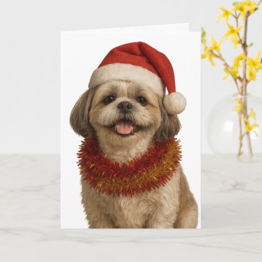 Shih Tzu in a Santa hat Christmas card カード (黄色い花)
