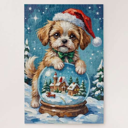 Shih Tzu inside Christmas Snow Globe Hat ジグソーパズル (縦)
