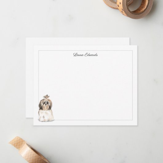 Shih Tzu Long Hair Gray Border Personalized ノートカード (正面/裏面インサイチュ)