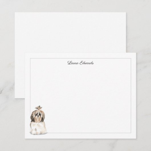 Shih Tzu Long Hair Gray Border Personalized ノートカード (正面/裏面)