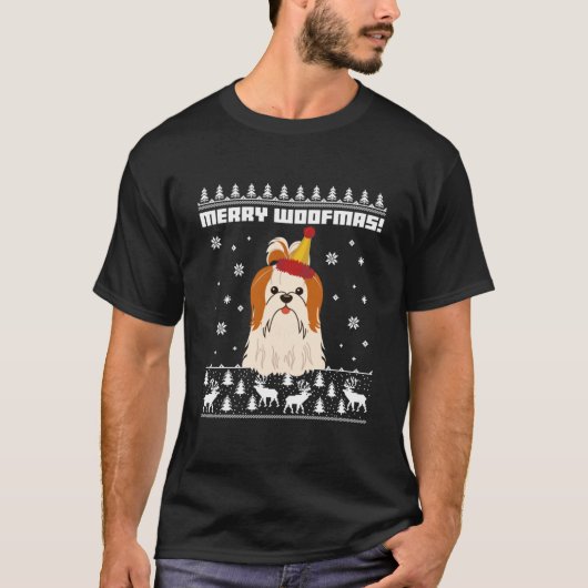 Shih Tzu Merry Woofmas Ugly Christmas Sweater Esse Tシャツ (正面)