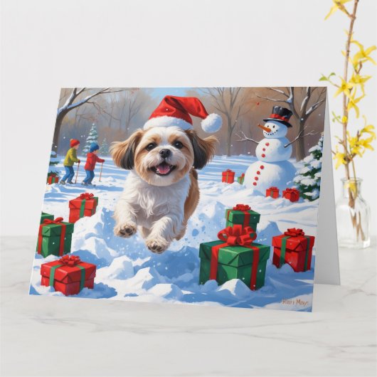 Shih Tzu Running in Snow with Christmas Hat カード (黄色い花)