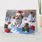 Shih Tzu Running in Snow with Christmas Hat カード (正面)