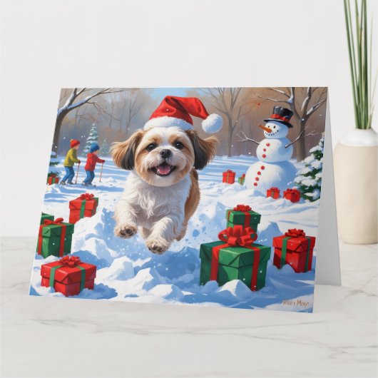 Shih Tzu Running in Snow with Christmas Hat カード (正面)