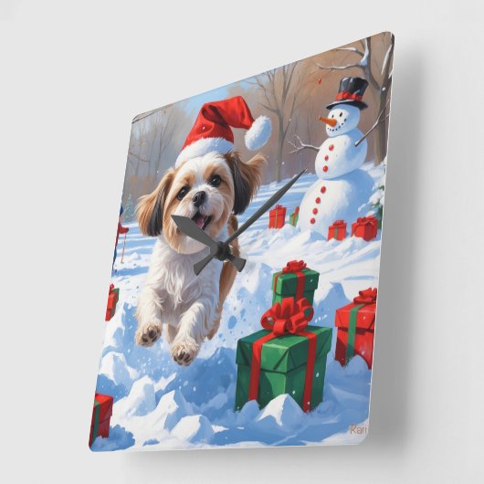 Shih Tzu Running in Snow with Christmas Hat スクエア壁時計 (傾斜)