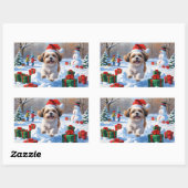 Shih Tzu Running in Snow with Christmas Hat 長方形シール (シート)