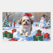 Shih Tzu Running in Snow with Christmas Hat 長方形シール (正面)
