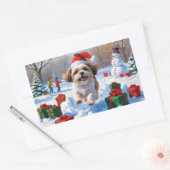 Shih Tzu Running in Snow with Christmas Hat 長方形シール (封筒)