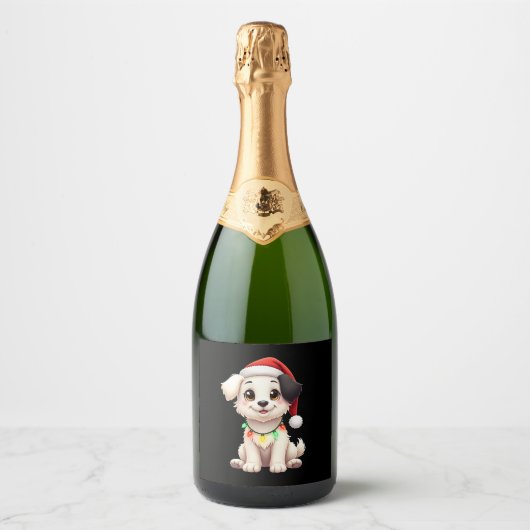 Shih Tzu Santa Christmas Tree Lights Xmas Dog Love スパークリングワインラベル (正面)