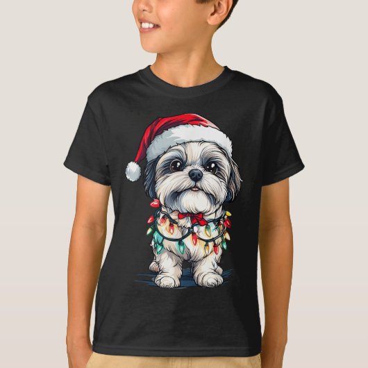 Shih Tzu Santa Christmas Tree Lights Xmas Dog Love Tシャツ (正面)