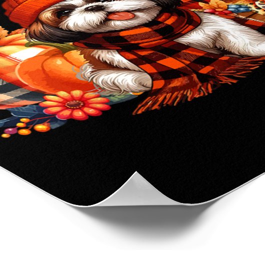 Shih Tzu Thanksgiving Leopard Pumpkins Fall Leaves ポスター (角)