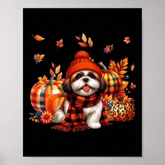 Shih Tzu Thanksgiving Leopard Pumpkins Fall Leaves ポスター (正面)