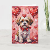 Shih Tzu Valentine Dog Sitting with Hearts Red カード (正面)