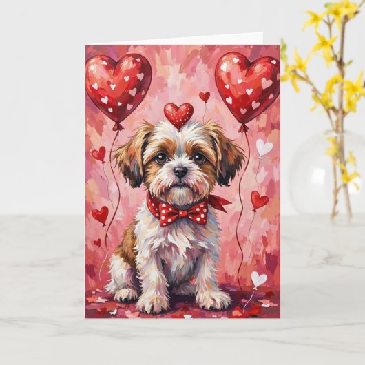 Shih Tzu Valentine Dog Sitting with Hearts Red カード (黄色い花)