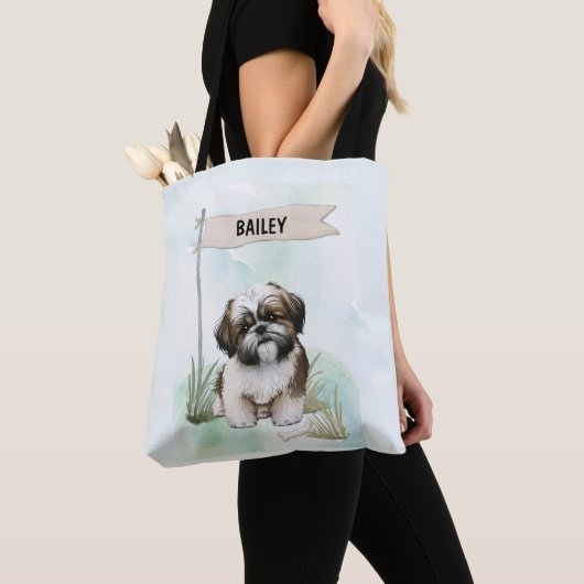 Shih Tzu Watercolor Personalized Dog トートバッグ (クローズアップ)
