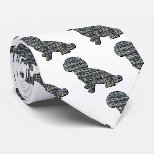 Shihpoo犬シルエットイエロー&ブラックグリッドホワイト ネクタイ (ロール)