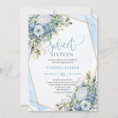 Shimmer Dusty Blue White Peonies Sweet 16 Invites 招待状 (正面)