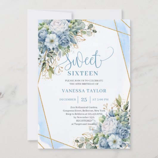 Shimmer Dusty Blue White Peonies Sweet 16 Invites 招待状 (正面)