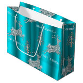 Shimmering Diamond Reindeer Leaping Aqua Christmas ラージペーパーバッグ (正面アングル)