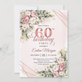Shimmering Dusty Pink Floral Rose Gold 60 Birthday 招待状 (正面)