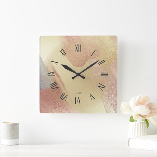 Shimmering Look Gold Brushstrokes スクエア壁時計 (ホーム)