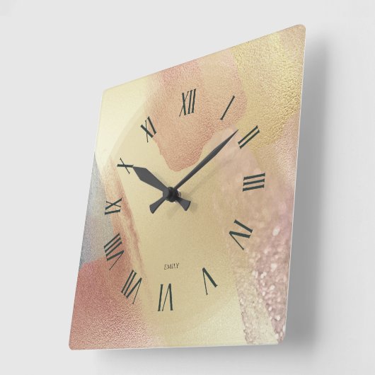 Shimmering Look Gold Brushstrokes スクエア壁時計 (傾斜)