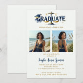 Shimmering Navy & Gold Law Graduation Cap 2-Photo 招待状 (正面/裏面)