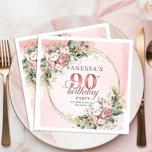 Shimmering Rose Gold Greenery 90th Birthday Napkin スタンダードカクテルナプキン
