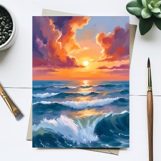 Shimmering Sea Sunset Ocean Watercolor Paint Card