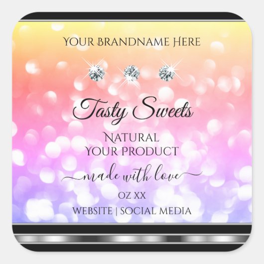 Shimmeryカラフルグリッター製品ラベルダイヤモンド スクエアシール (正面)