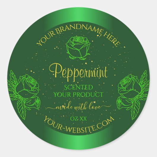 Shimmeryグリーンフローラ製品ラベルソフトグリッター ラウンドシール (正面)