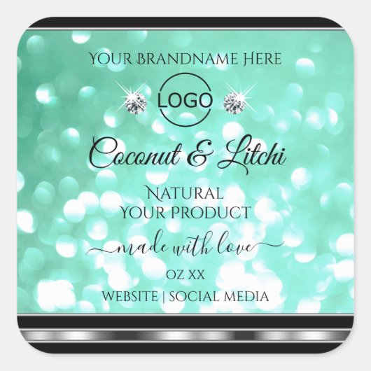 Shimmeryティール（緑がかった色）グリッター製品ラベルDiamondsロゴ スクエアシール (正面)