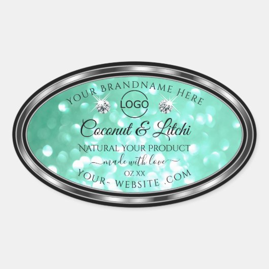 Shimmeryティール（緑がかった色）グリッター製品ラベルDiamondsロゴ 楕円形シール (正面)