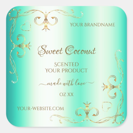 Shimmeryティール（緑がかった色）金ゴールド華美オーナメント製品ラベル スクエアシール (正面)