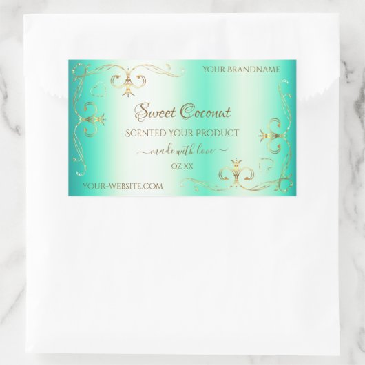 Shimmeryティール（緑がかった色）金ゴールド華美オーナメント製品ラベル 長方形シール (バッグ)