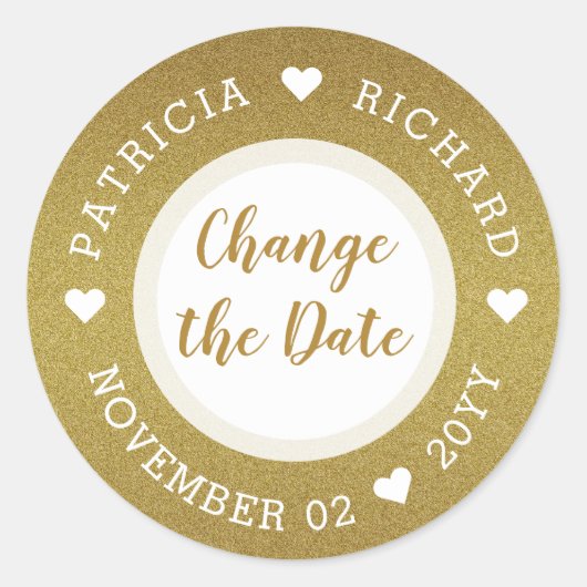 Shimmery金ゴールド結婚グリッターの日付の変更 ラウンドシール (正面)
