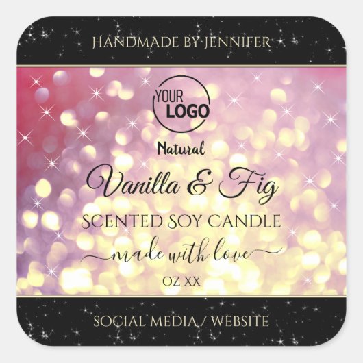 Shimmery Purple金ゴールドグリッターロゴ製品ラベル スクエアシール (正面)